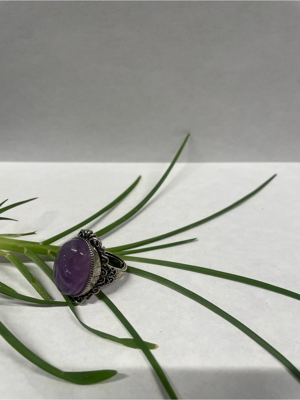 Sterling Silver Amethyst Ring - Purple Cabochon Statement. Open size